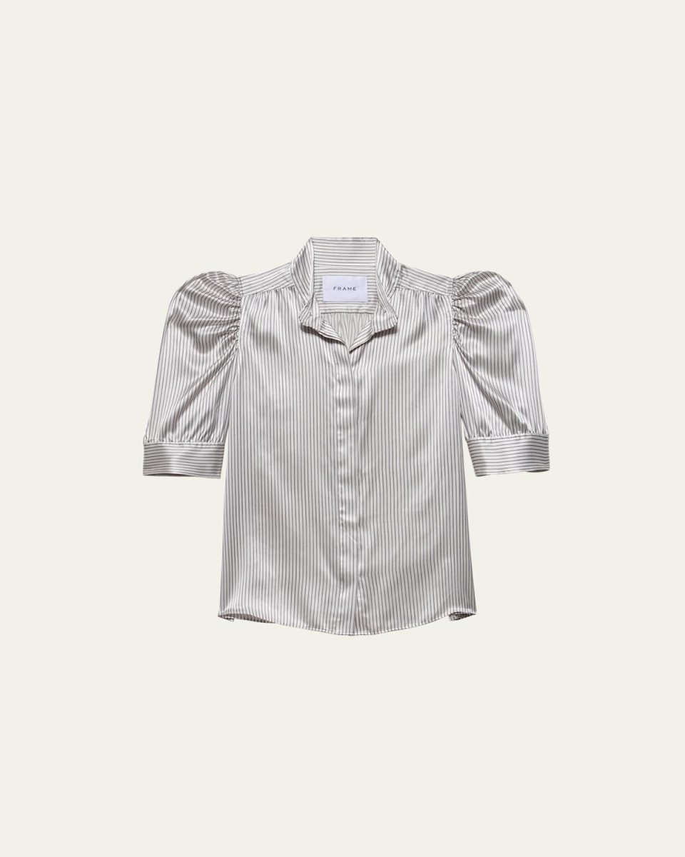 Gillian Stripe Silk Ruched-Sleeve Top
